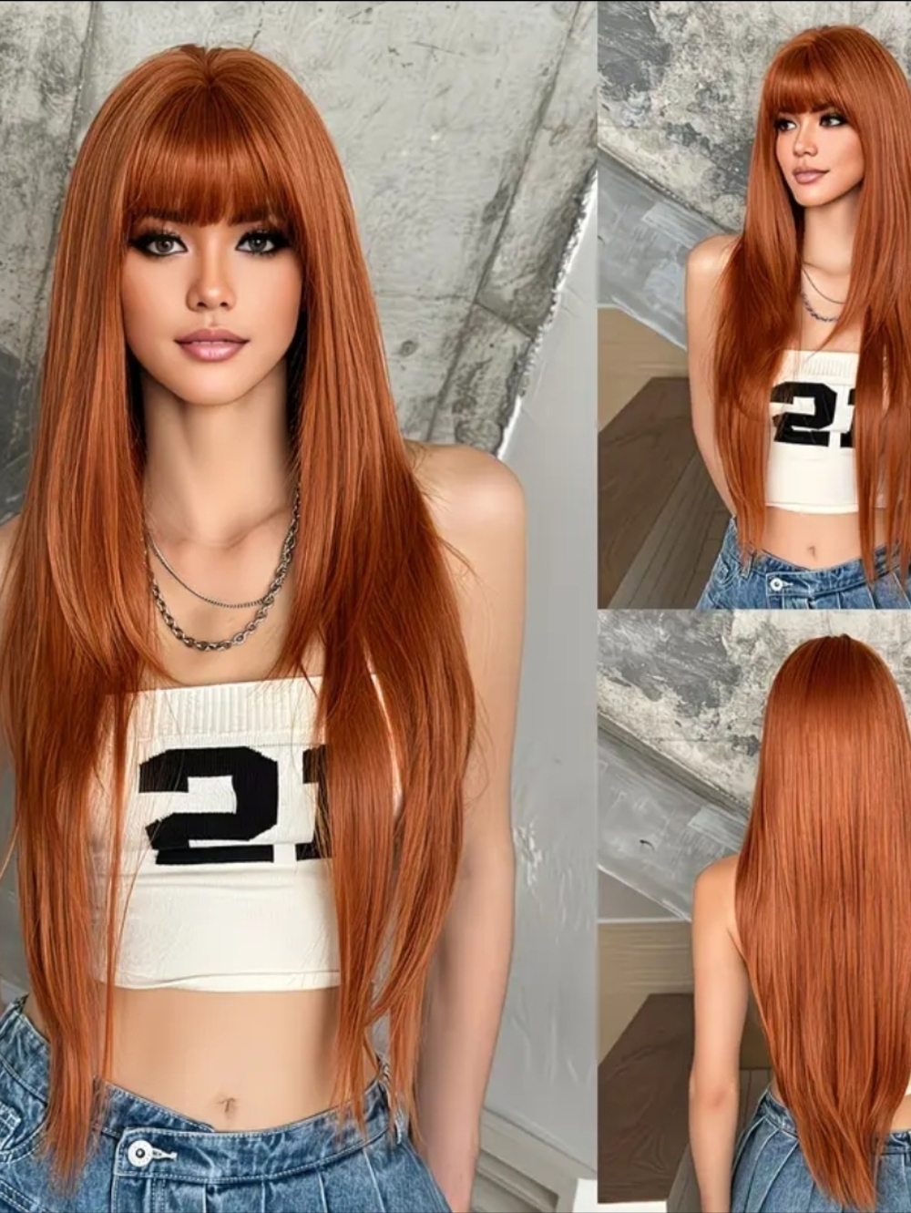 34 Inch Long Straight Women’s Synthetic Wig with Full Bangs - Orange